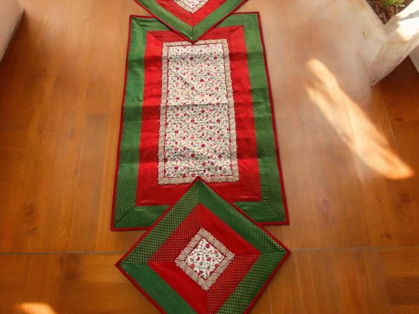 Green Red White With Flower Design Runner Aasan Set