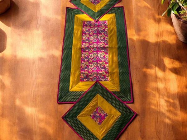 Floral Green Gold Runner Aasan Set