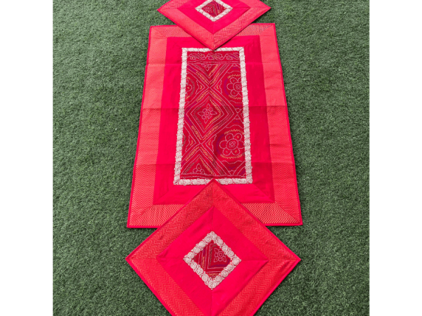 crimson red with Bandhani design Runner and Aasan 2