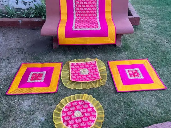 Hot Pink & Mustard Yellow Elephant Print Runner Aasan Combo Set of 3