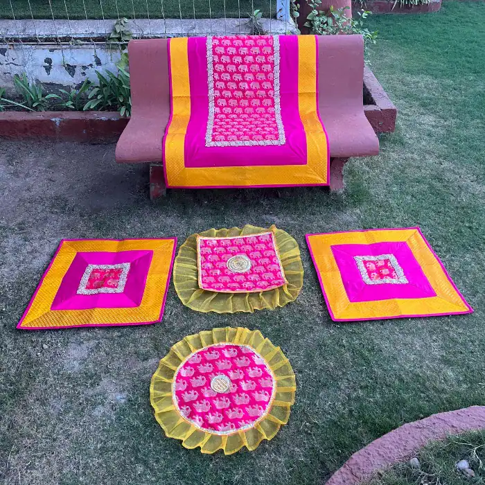 Hot Pink & Mustard Yellow Elephant Print Runner Aasan Combo Set of 3
