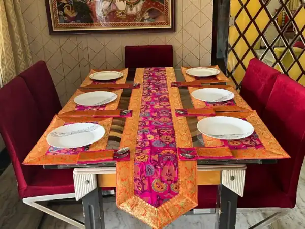 Pink-Orange Floral Brocade Dining Table Set