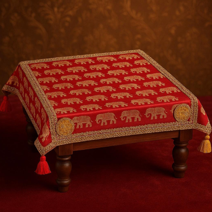 Red Elephant Print Heavy Chowki Cover