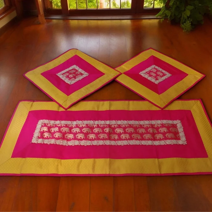 Pink & Yellow Elephant Panel Runner Aasan Set