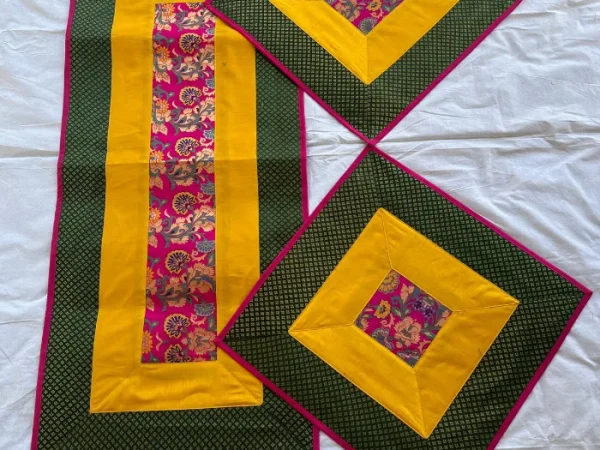 Bottle Green & Yellow Runner Aasan Set