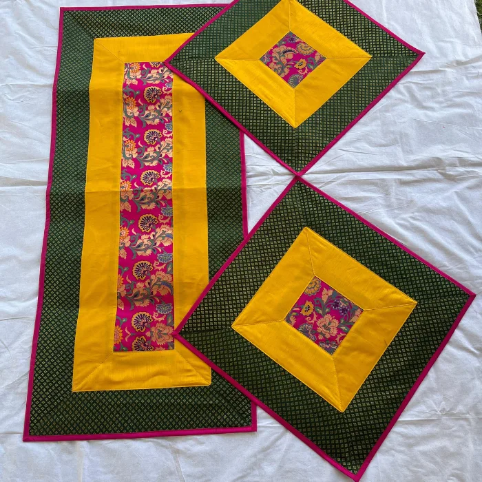 Bottle Green & Yellow Runner Aasan Set